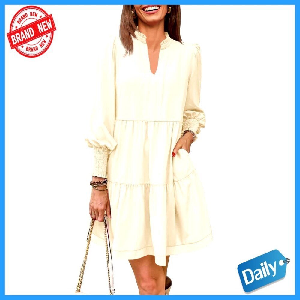Long Sleeve Tunic Dress Casual V Neck Loose Ruffle Tiered Fall Dress